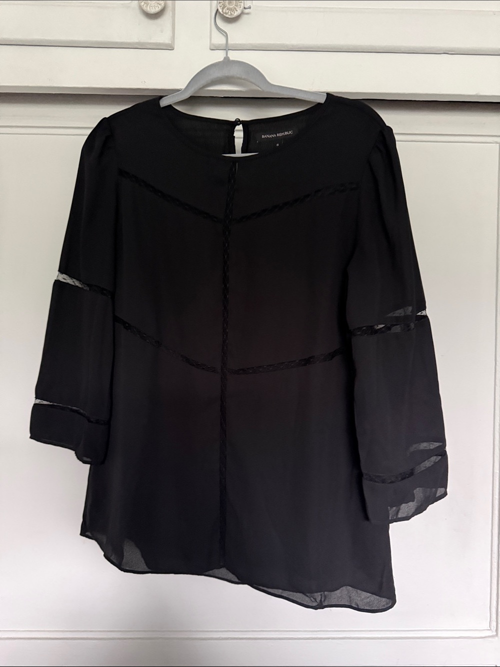 Banana Republic Black Sheer Braided-Trim Blouse